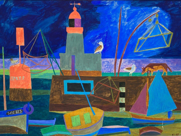 Acquerello e gouache su carta di M. Le Petit marine décor arte naif 1960