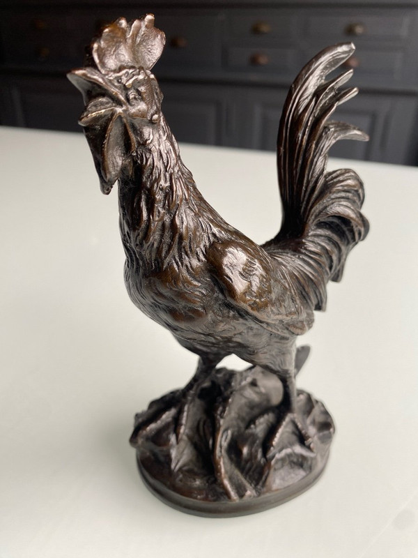 Coq En Bronze A Patine Brune XIXème Signé édouard Drouot (1859-1945)