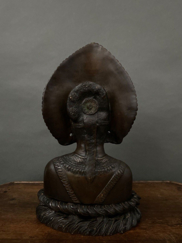 Buste de danseuse balinaise indochinoise couronne roue du paon bronze