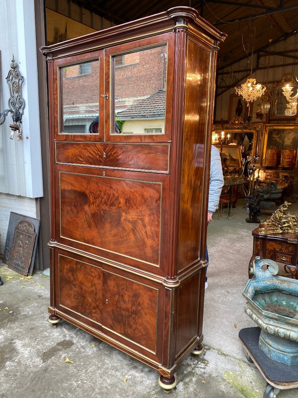 18th Century Louis XVI Period Guillotine Desk In Flamed Mahogany And Brass Joncs