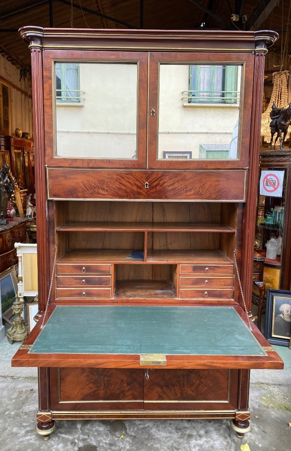 18th Century Louis XVI Period Guillotine Desk In Flamed Mahogany And Brass Joncs