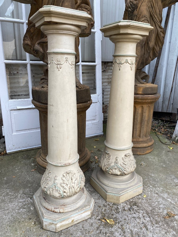 Paire De Colonnes En Bois Laqué Et Sculpté XIXème