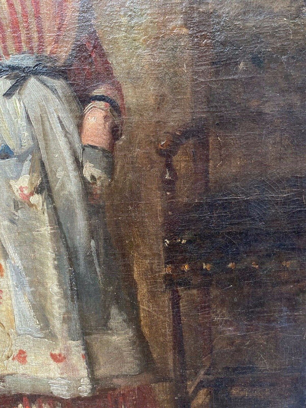 Ritratto ad olio su tela di una ragazza in piedi in costume d'epoca