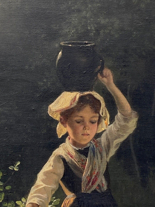 Oil on cardboard young girl with jug late 19th century Barbizon undergrowth