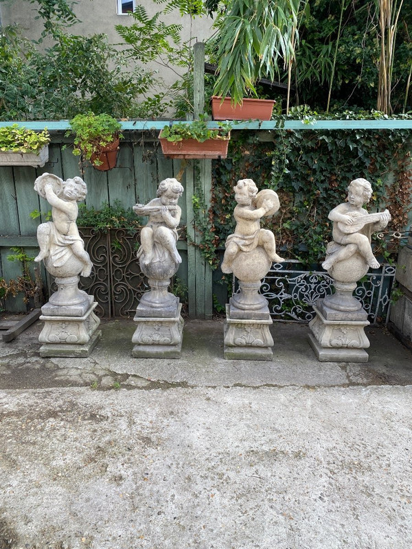 4 Reconstituted Stone Garden Statues / Musician Angels