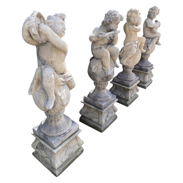 4 Reconstituted Stone Garden Statues / Musician Angels