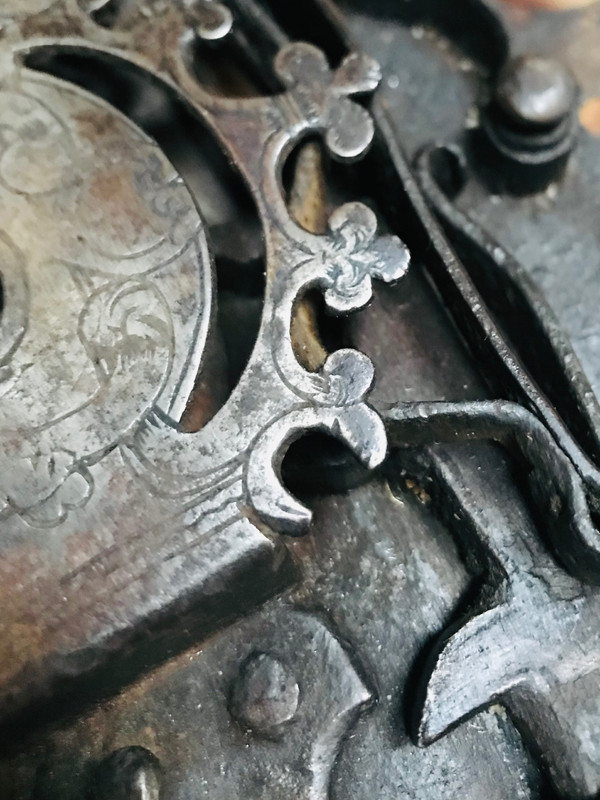 Wrought-iron lock and key, heraldic royalty nobility 16th/17th century