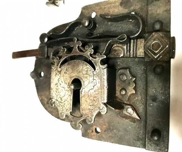 Wrought-iron lock and key, heraldic royalty nobility 16th/17th century