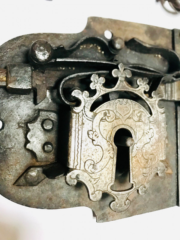 Wrought-iron lock and key, heraldic royalty nobility 16th/17th century