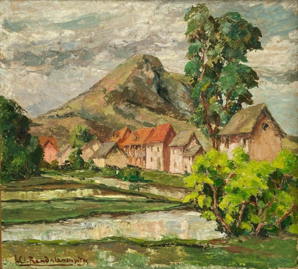 Oil on cardboard by Jules-Claude Randriamampita (1913-1968) montagne