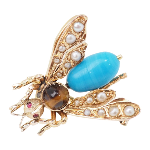 Broche mouche  en or jaune turquoise, oeil de tigre et perles fines