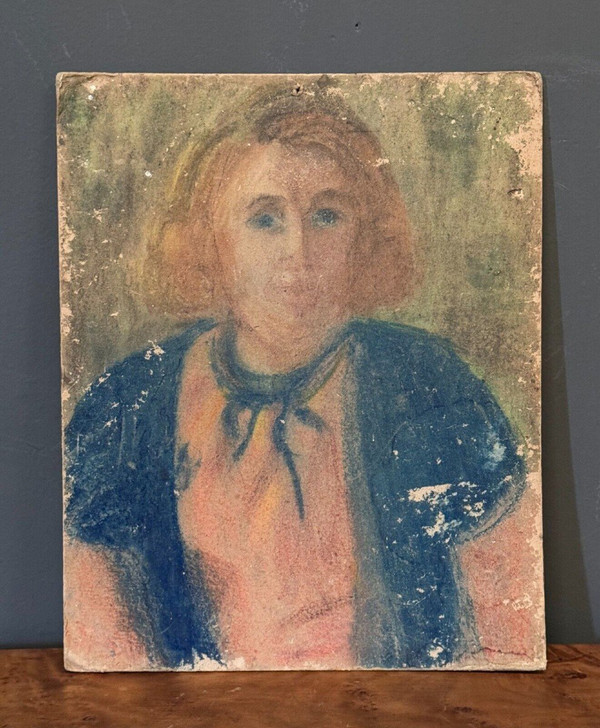 Huile sur panneau jeune fille au tablier rose 1940 Guillot de Raffaillac