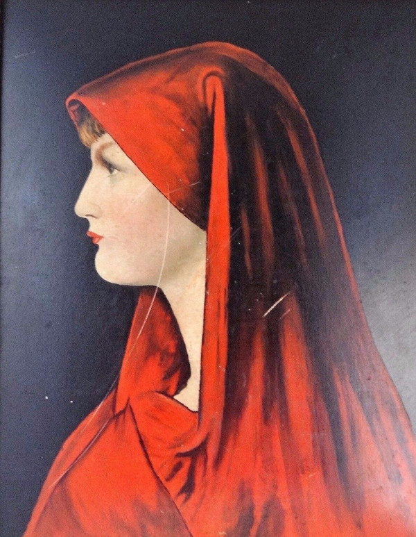 Huile sur carton femme au foulard rouge XIXe