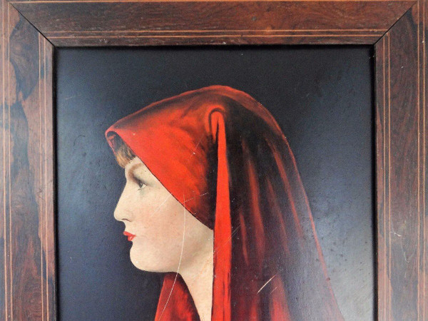 Huile sur carton femme au foulard rouge XIXe