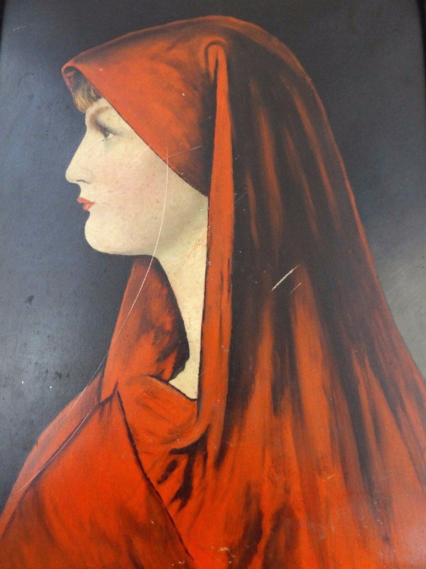 Huile sur carton femme au foulard rouge XIXe