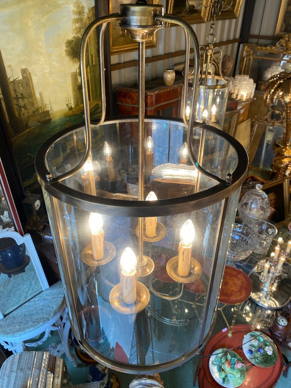 Large Hall Lantern, Cylindrical in Brass, Louis XVI Style