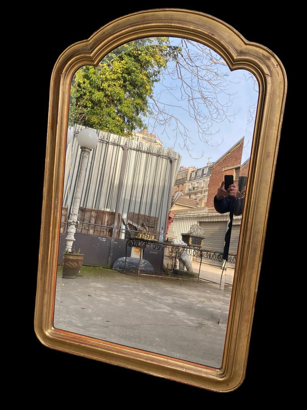 Gilded 19th century fireplace mirror, beveled glass, gendarme hat...