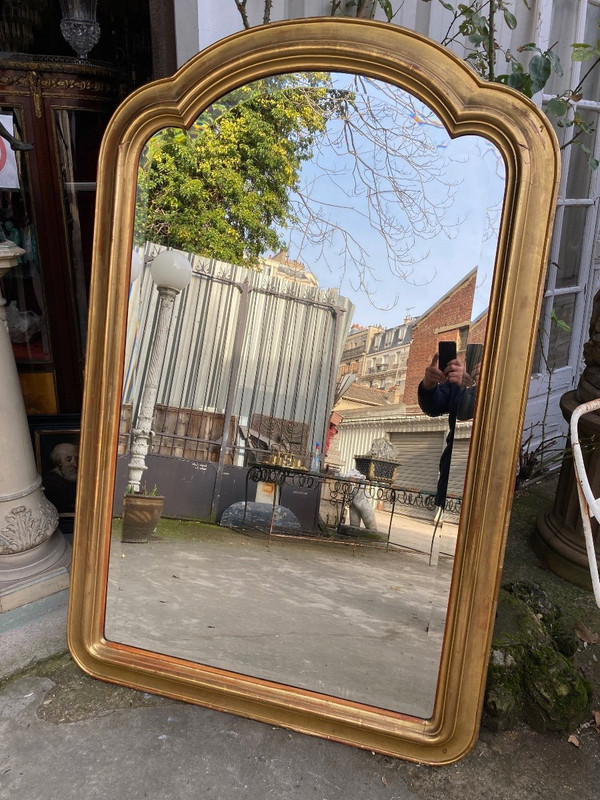 Gilded 19th century fireplace mirror, beveled glass, gendarme hat...