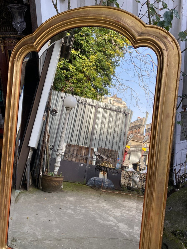 Gilded 19th century fireplace mirror, beveled glass, gendarme hat...