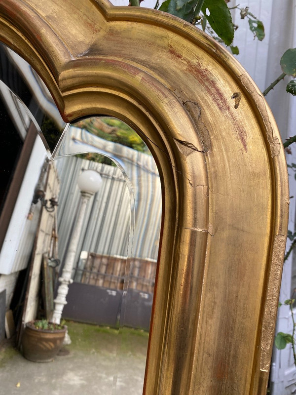 Gilded 19th century fireplace mirror, beveled glass, gendarme hat...