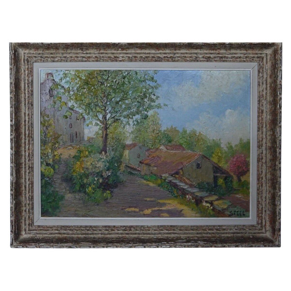 Oil on Isorel by Steel 1950 vegetation house whitewashed frame