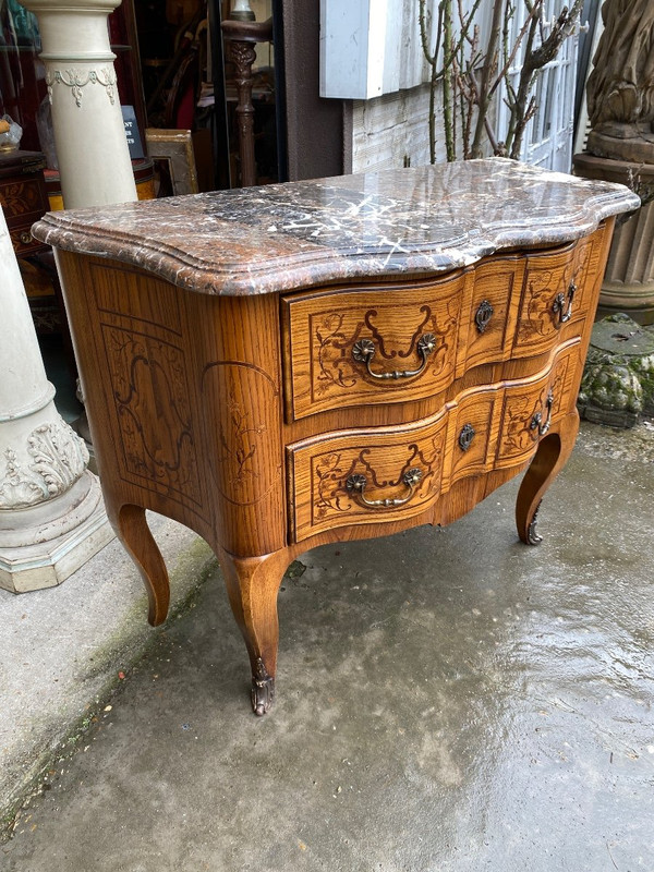 Louis XV Style Shaped Marquetry Chest of Drawers, Stamped