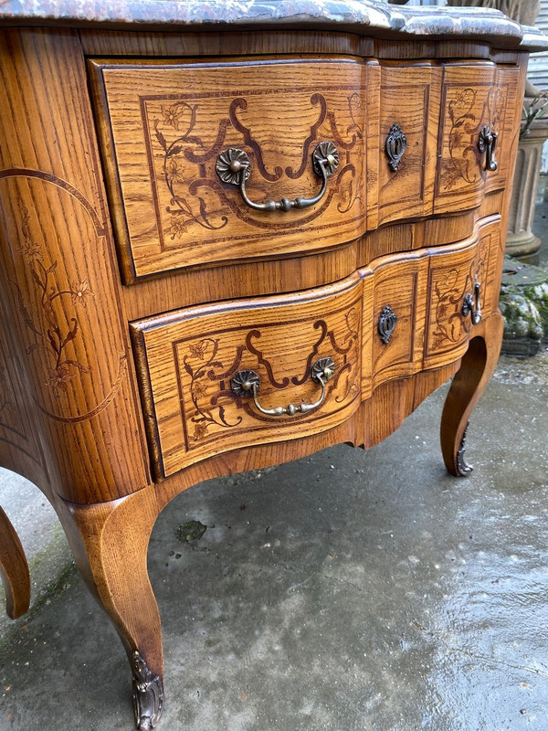 Louis XV Style Shaped Marquetry Chest of Drawers, Stamped