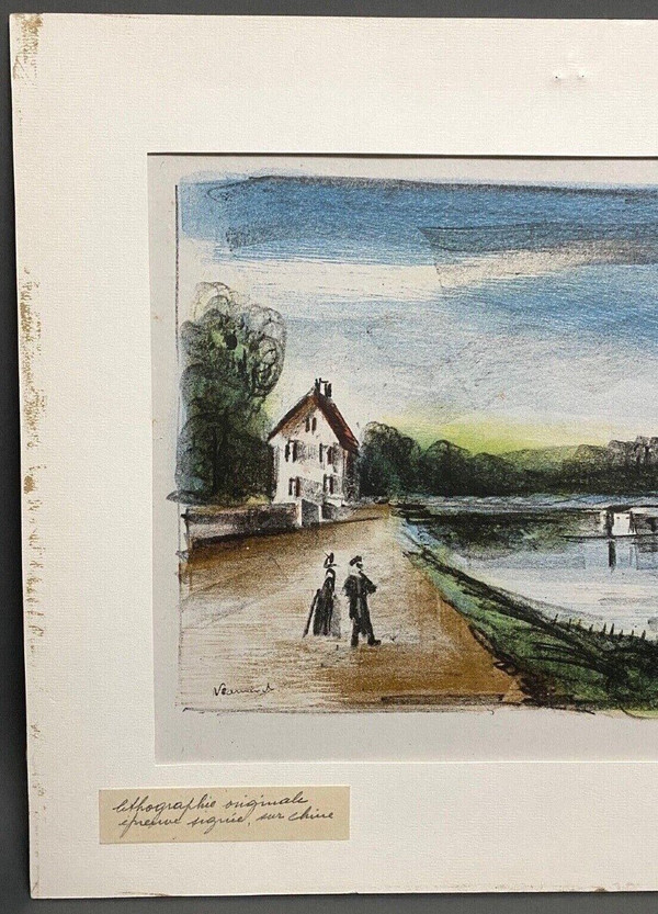 Lithographie originale épreuve signée Maurice Vlaminck bord de rivière