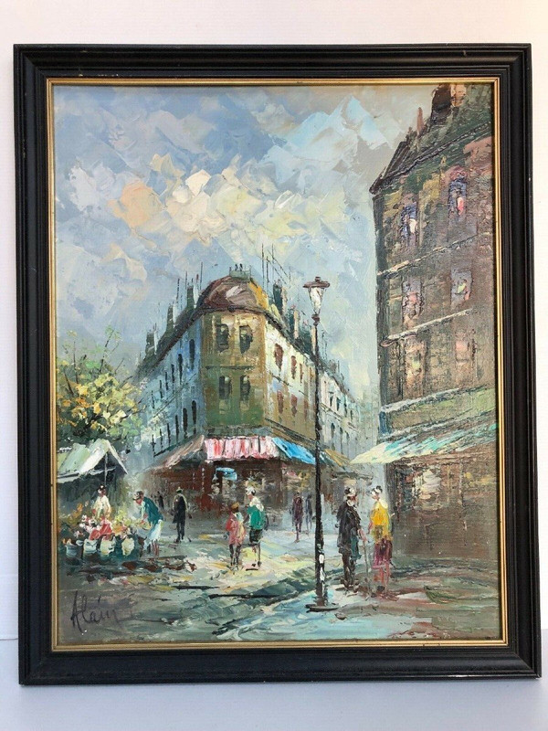 Oil on wood by Alain Parisian scene flower market 1960