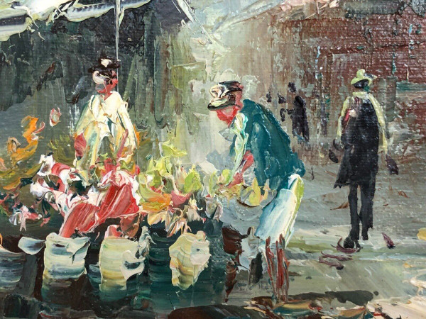 Oil on wood by Alain Parisian scene flower market 1960