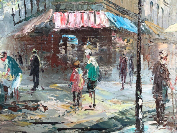 Oil on wood by Alain Parisian scene flower market 1960