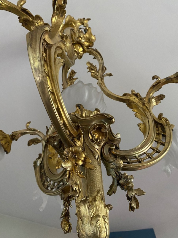 Lampadario in bronzo, periodo Napoleone III, stile Luigi XV rocaille