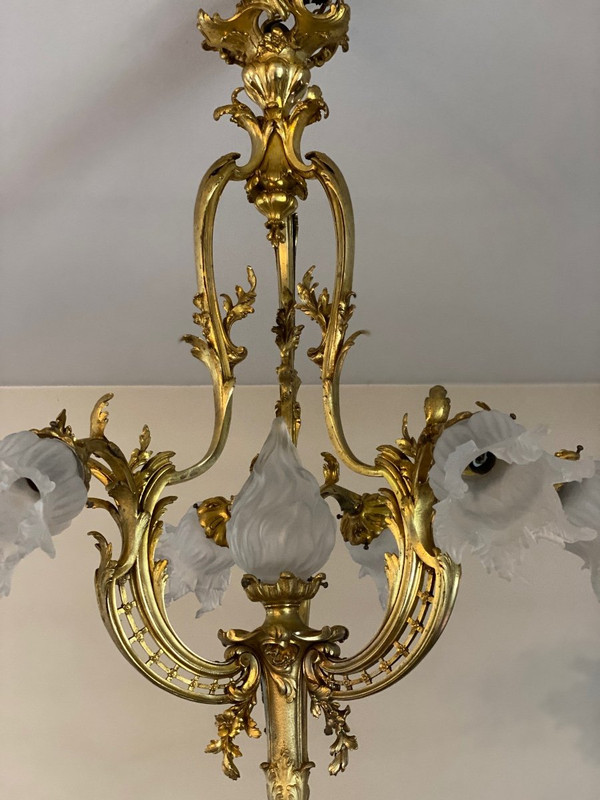 Lampadario in bronzo, periodo Napoleone III, stile Luigi XV rocaille