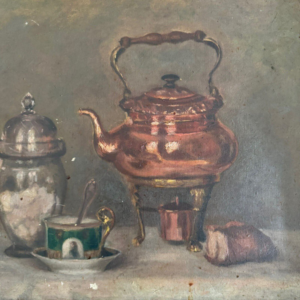 Oil on canvas still life with samovar 20th century gilded stucco frame