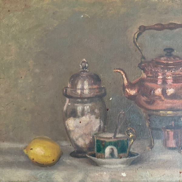 Oil on canvas still life with samovar 20th century gilded stucco frame