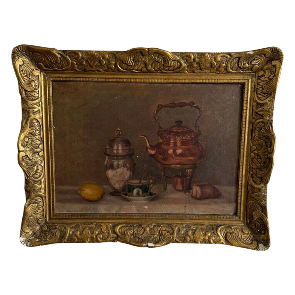 Oil on canvas still life with samovar 20th century gilded stucco frame