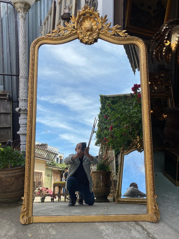 Large Louis XV style mantelpiece mirror with pediment, Napoleon III period