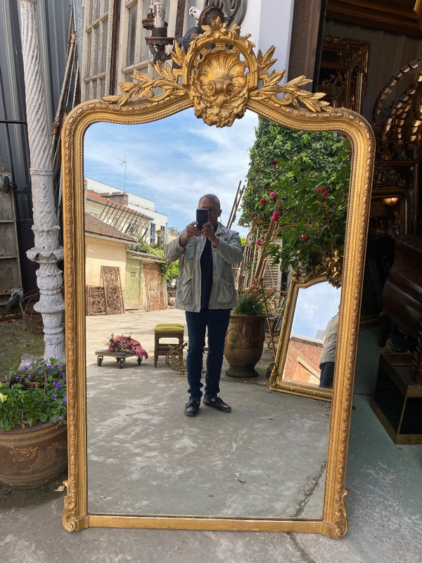 Large Louis XV style mantelpiece mirror with pediment, Napoleon III period