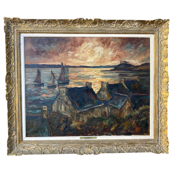 Tableau Breton Ancien, Vue De Paimpol En 1926 Signé, Bretagne, marine…