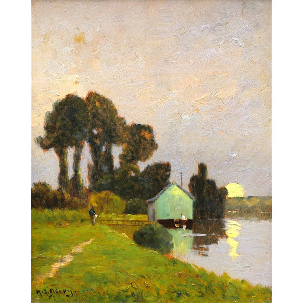 Henry Jacques DELPY, Riverbank animated at moonrise