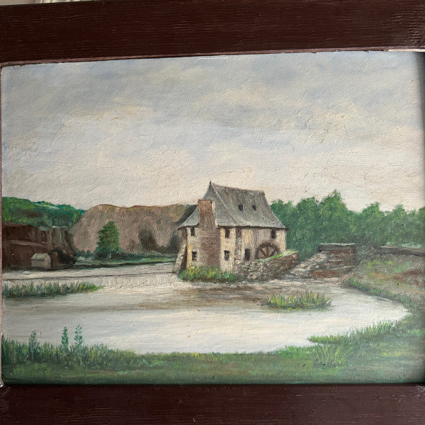 Oil on cardboard early 20th century water mill baguette frame