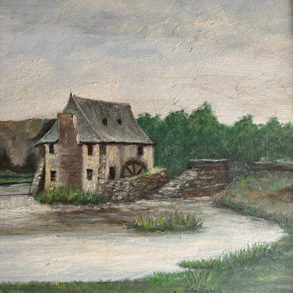 Oil on cardboard early 20th century water mill baguette frame