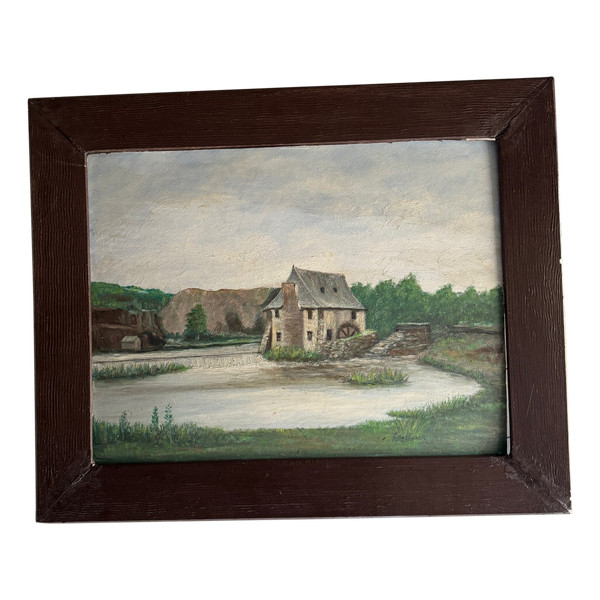 Oil on cardboard early 20th century water mill baguette frame