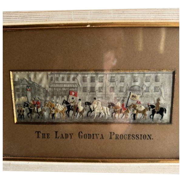 Travail anglais de broderie XIXe The Lady Godiva Procession cavaliers