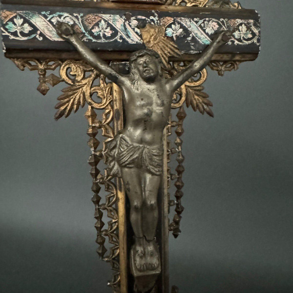 Crucifix Napoleon III Louis XIV cross in carved wood and bronze