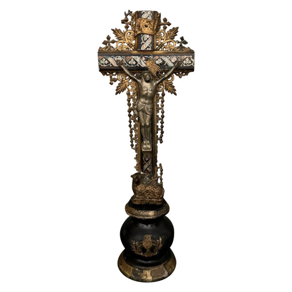 Crucifix Napoleon III Louis XIV cross in carved wood and bronze