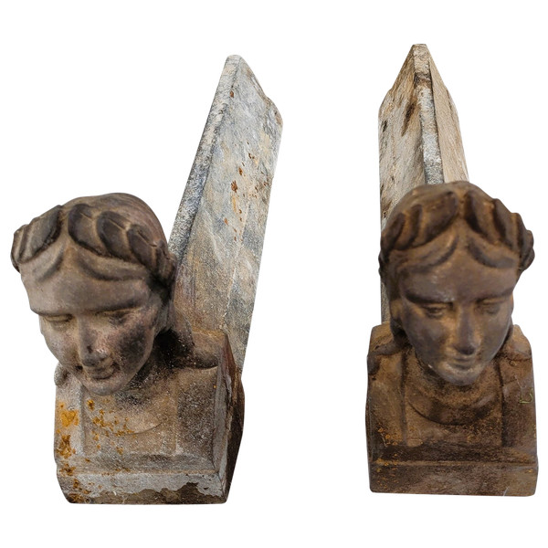 Pair of Fireplace Andirons with a Female Bust Identified 19th Century