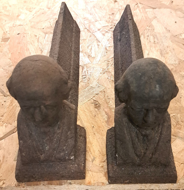 Pair of Fireplace Andirons with a bust of Béranger, 19th century