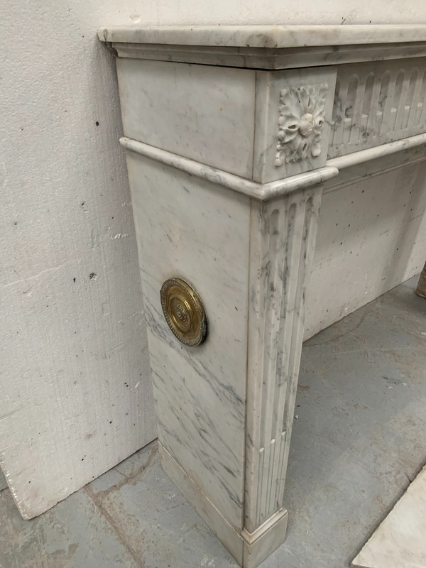 Louis XVI Style Fireplace in White Veined Carrara Marble, 19th Century