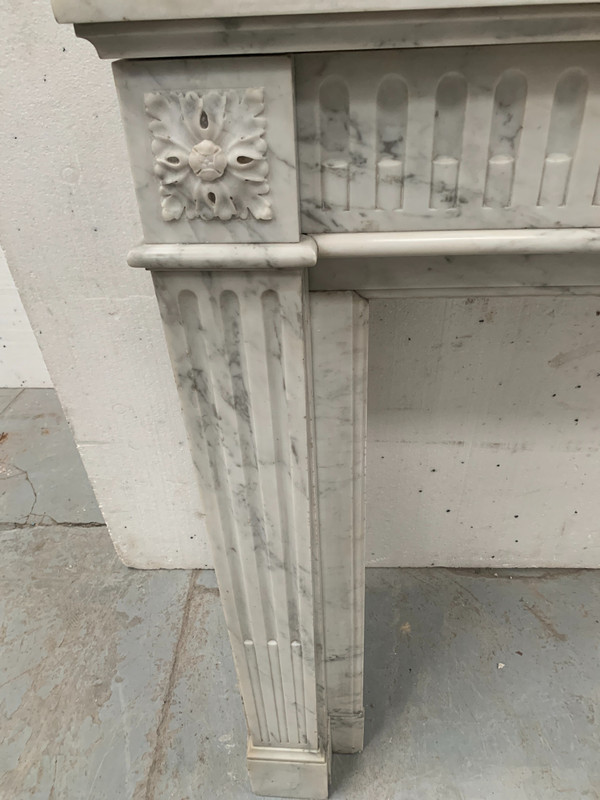 Louis XVI Style Fireplace in White Veined Carrara Marble, 19th Century